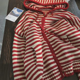 GO-STONE Contrast Color Stripe Hood Knit Cardigan Women Autumn and Winter New Loose Design Sense Long Sleeve Cardigan Sweater Outerwear
