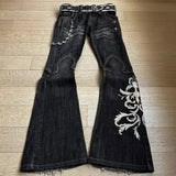 GO-STONE Mens Jeans Harajuku Vintage Streetwear Washed Distressed Ripped Denim Pants Double Waist Micro Flared Loose Fit Long Casual New