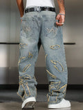 GO-STONE Men's Street Style Casual Patchwork Embroidered Frayed Hem Macau Blue Denim Jeans Trendy Loose Fit Straight Leg Pants