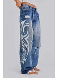 GO-STONE Deeptown Vintage Y2k Ripped Jeans Women Harajuku Print Blue Baggy Distressed Denim Trousers Hip Hop Grunge Streetwear Wide Jeans