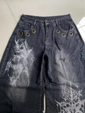 GO-STONE American New Fashion Oversized Pattern Printed Washed Jeans Men Y2K Gothic Rock Popular Casual Joker High Waist Wide Leg Pants
