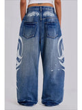GO-STONE Deeptown Vintage Y2k Ripped Jeans Women Harajuku Print Blue Baggy Distressed Denim Trousers Hip Hop Grunge Streetwear Wide Jeans