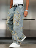 GO-STONE Men's Street Style Casual Patchwork Embroidered Frayed Hem Macau Blue Denim Jeans Trendy Loose Fit Straight Leg Pants