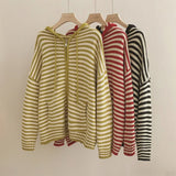GO-STONE Contrast Color Stripe Hood Knit Cardigan Women Autumn and Winter New Loose Design Sense Long Sleeve Cardigan Sweater Outerwear