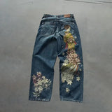 GO-STONE Y2K Harajuku Jeans new Dragon Embroidery high quality jeans 2000s Gothic Vintage Hip Hop streetwear denim fabric wide leg pants