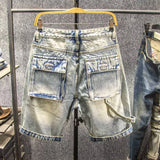 GO-STONE Vintage Hole Denim Shorts Men Multi Pocket Patchwork Cargo Short Pants Streetwear Fashion Gradient Jeans Summer Casual Shorts