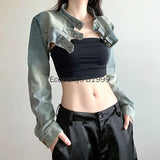 GO-STONE Women Fashion Denim Jacket Y2K Aesthetic Vintage Sexy Crop Tops Coat Japanese Harajuku Streetwear Female Spring Summer Outerwear