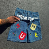 GO-STONE American style hip-hop letter splicing denim shorts millennium retro personality fashion fake two-piece gothic rock