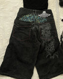 GO-STONE Summer Black Skull Pattern Print Retro Men's Denim Shorts Y2K Street Jeans Sports Pants Commuting Casual Men's Wear