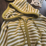 GO-STONE Contrast Color Stripe Hood Knit Cardigan Women Autumn and Winter New Loose Design Sense Long Sleeve Cardigan Sweater Outerwear