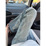 GO-STONE Vintage Men's Jeans Man Pants High Street Washed Denim Blue Jeans Straight Leg Slight Flare Casual Trousers