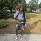 GO-STONE American style hip-hop letter splicing denim shorts millennium retro personality fashion fake two-piece gothic rock