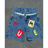 GO-STONE American style hip-hop letter splicing denim shorts millennium retro personality fashion fake two-piece gothic rock