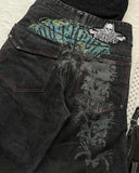 GO-STONE Summer Black Skull Pattern Print Retro Men's Denim Shorts Y2K Street Jeans Sports Pants Commuting Casual Men's Wear