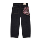 GO-STONE Vintage Cherry Blossom Black Knight Embroidery Jeans Y2k Retro Baggy Straight Denim Pants Blue Wash Jean Men Clothing Streetwear