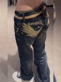 GO-STONE American Personalized Gold Wing Embroidered Jeans Children's 2026 Spring Hot Girl Design Sense Low Waist Micro Flared Pants