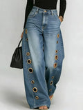 GO-STONE Women's High Waist Straight Leg Jeans Metal Ring Hollow Denim Pants Baggy Autumn Casual Long Jeans with Pockets Street Style