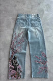 GO-STONE Vintage Cherry Blossom Black Knight Embroidery Jeans Y2k Retro Baggy Straight Denim Pants Blue Wash Jean Men Clothing Streetwear