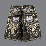GO-STONE Streetwear Denim Shorts Mens Embroidery American Hip Hop Printed Loose Shorts Gothic Retro Harajuku Fashion Y2K New Shorts