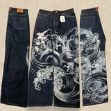 GO-STONE Japanese Harajuku Jeans Mens New Dragon High Quality Jeans Gothic Y2K Vintage Hip Hop Streetwear Denim Fabric Wide Leg Pants