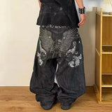 GO-STONE Y2K Fashion Letters Embroidered Big Pockets Washed Baggy Jeans Women High Street Vintage Hip Hop Popular Wild Wide-leg Pants
