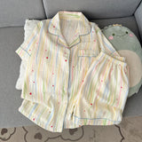 GO-STONE Summer 2026 New Short-Sleeved Shorts Pajamas Women's Cartoon Cute Girl Cardigan Set Ladies Sleepwear Breathable Homewear