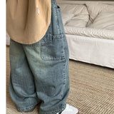GO-STONE Children's Retro Jeans Loose Straight Pants Wide Leg Pants for Boys and Girls 2026 New Spring Autumn Kid's Denim Pocket Trousers