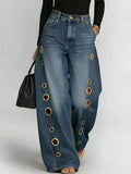 GO-STONE Women's High Waist Straight Leg Jeans Metal Ring Hollow Denim Pants Baggy Autumn Casual Long Jeans with Pockets Street Style