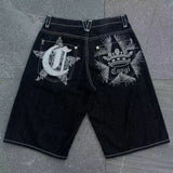 GO-STONE Streetwear Denim Shorts Mens Embroidery American Hip Hop Printed Loose Shorts Gothic Retro Harajuku Fashion Y2K New Shorts