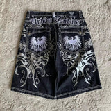 GO-STONE American Vintage Popular New Pattern Embroidery Baggy Denim Shorts Men Street Fashion Gothic Casual Joker Shorts Women Clothing