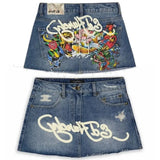 GO-STONE Y2K Street Vintage is a fashionable short skirt Harajuku gothic hip hop letter print vintage blue denim skirt