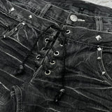GO-STONE New retro double waisted lace up micro flared women pants streetwear Y2K washed high-quality design sense men and women jeans