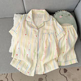 GO-STONE Summer 2026 New Short-Sleeved Shorts Pajamas Women's Cartoon Cute Girl Cardigan Set Ladies Sleepwear Breathable Homewear