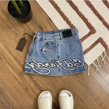 GO-STONE Y2K Street Vintage is a fashionable short skirt Harajuku gothic hip hop letter print vintage blue denim skirt