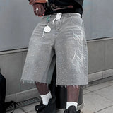 GO-STONE Fashion Men Summer Casual Denim Shorts Knee Length Trendy Letter Embroidered Shiny Rhinestone Decor Jeans Shorts with Pockets