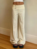 GO-STONE Vintage Y2K Korean Streetwear Pants Woman Low Rise Straight Loose Beige Trousers Button Up Basic 2000S Women Casual Pants