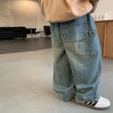 GO-STONE Children's Retro Jeans Loose Straight Pants Wide Leg Pants for Boys and Girls 2026 New Spring Autumn Kid's Denim Pocket Trousers