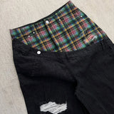 GO-STONE Y2k Slanted Runway Baggy Jeans Retro Plaid Patchwork Men Women Wide Leg Pants American Hip Hop Streetwear Unisex Casual Jeans