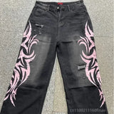 GO-STONE American Retro Mottled Totem Print Loose Jeans Women's High Waisted Wide Leg Pants Japanese Trendy Hip-hop Style Jeans