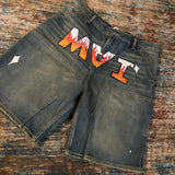 GO-STONE Baggy Custom Paint Jorts Washe Number 8 Ball Denim Shorts Men Goth Y2k Harajuku Casual Sweatpants Wide Leg Short Streetwear