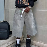 GO-STONE Fashion Men Summer Casual Denim Shorts Knee Length Trendy Letter Embroidered Shiny Rhinestone Decor Jeans Shorts with Pockets