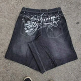 GO-STONE Streetwear Denim Shorts Mens Embroidery American Hip Hop Printed Loose Shorts Gothic Retro Harajuku Fashion Y2K New Shorts