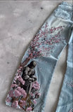 GO-STONE Vintage Cherry Blossom Black Knight Embroidery Jeans Y2k Retro Baggy Straight Denim Pants Blue Wash Jean Men Clothing Streetwear