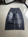 GO-STONE American New Fashion Oversized Pattern Printed Washed Jeans Men Y2K Gothic Rock Popular Casual Joker High Waist Wide Leg Pants
