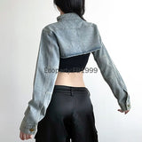 GO-STONE Women Fashion Denim Jacket Y2K Aesthetic Vintage Sexy Crop Tops Coat Japanese Harajuku Streetwear Female Spring Summer Outerwear