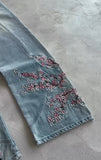 GO-STONE Vintage Cherry Blossom Black Knight Embroidery Jeans Y2k Retro Baggy Straight Denim Pants Blue Wash Jean Men Clothing Streetwear