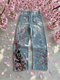 GO-STONE Vintage Cherry Blossom Black Knight Embroidery Jeans Y2k Retro Baggy Straight Denim Pants Blue Wash Jean Men Clothing Streetwear