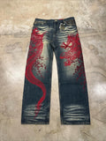 GO-STONE Japanese Harajuku Jeans Mens New Dragon High Quality Jeans Gothic Y2K Vintage Hip Hop Streetwear Denim Fabric Wide Leg Pants