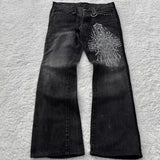 GO-STONE Mens Jeans Harajuku Vintage Streetwear Washed Distressed Ripped Denim Pants Double Waist Micro Flared Loose Fit Long Casual New