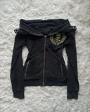 GO-STONE Y2K Retro Army Green Zipper Jacket Women Harajuku Sexy Slim Fit Denim Jacket Autumn Winter Short Stand Collar Coat Goth Clothing